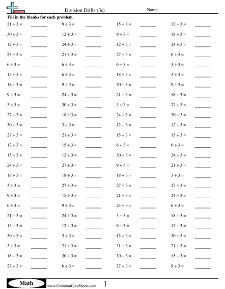 Math Drills Worksheets - Division Drills (3s) worksheet